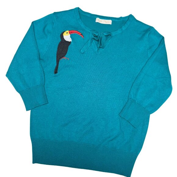 Belle Poque Teal Toucan Appliqué Knit Sweater Small Vintage-Inspired - Picture 3 of 10